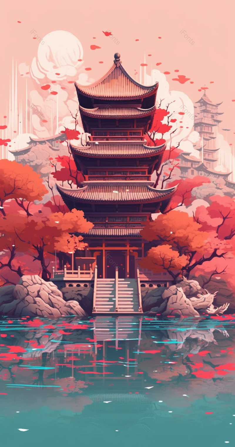 春天夏天飞鸟飞过中式古风建筑楼梯台阶门前的红色枫树平静的湖面,插画/手绘图,插画/手绘图库,插画/手绘图下载,插画/手绘